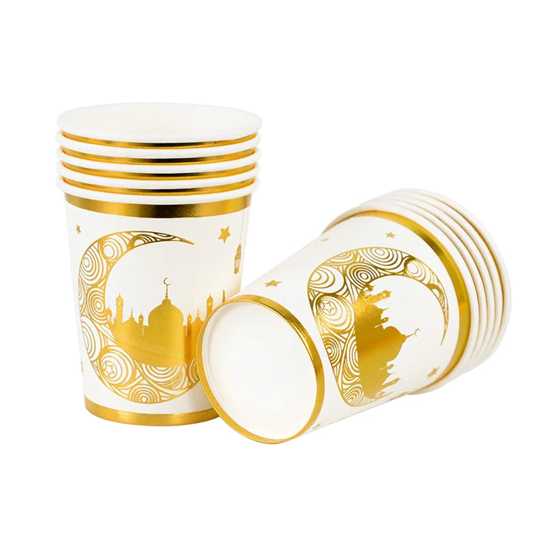 Eid Mubarak Party Tableware Set Gold Disposable Plate Cup Napkins Banner 2026 Islamic Muslim Supplies Ramadan Kareem Decorations