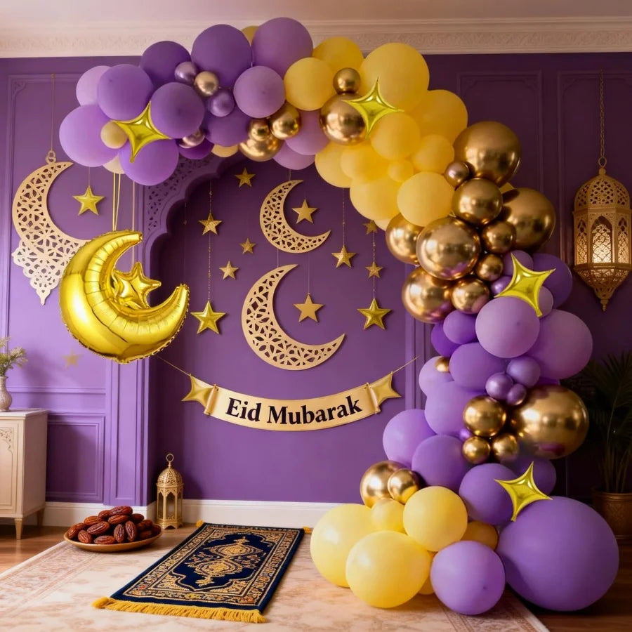 113Pcs Eid Mubarak Balloon Decoration Set Purple Yellow Gold Balloon Arch Kit with Moon Star Foil Balloons for Ramadan Eid Party