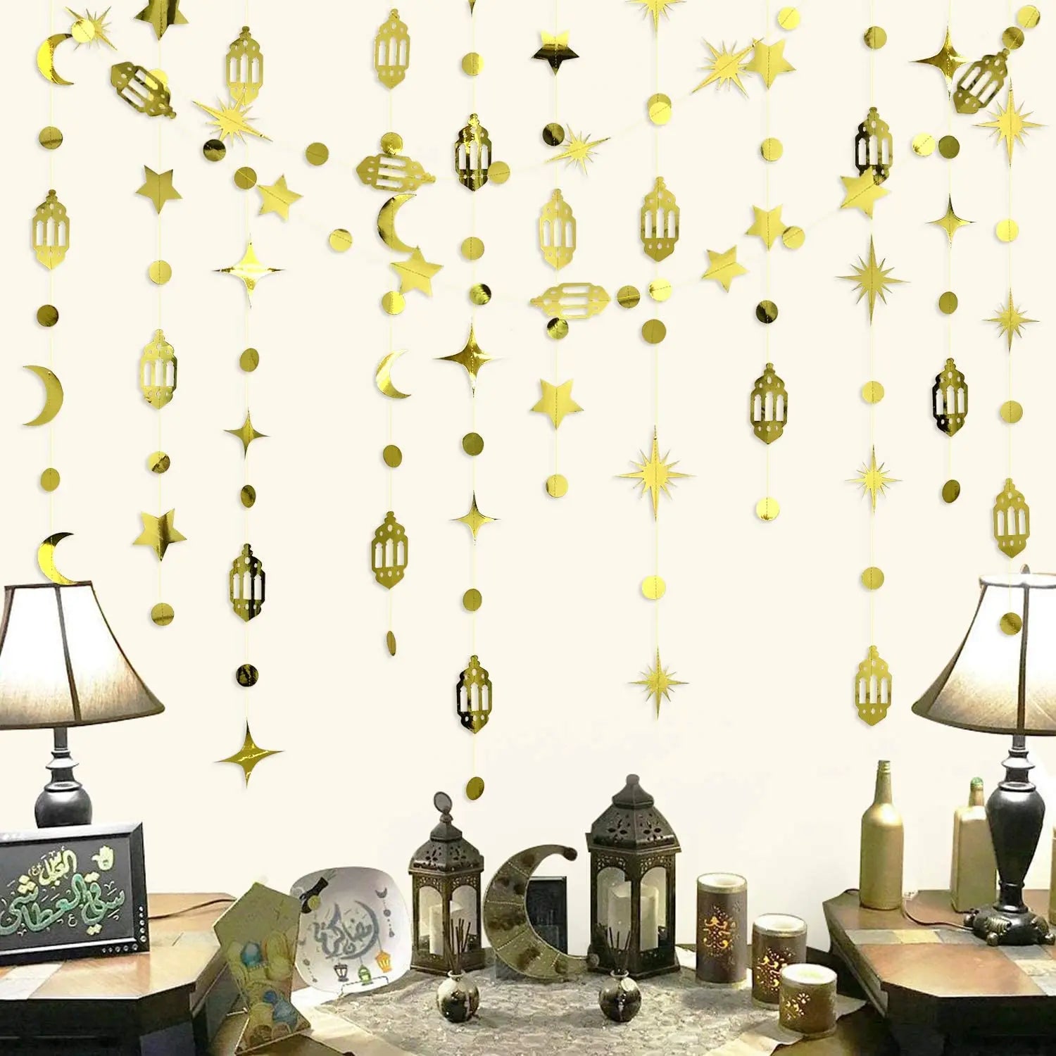 Gold Eid Mubarak Ramadan Decor Paper Star Moon Circle Dot Crescent Lamp Garland for Home Muslim Party Backdrop Banner Decoration