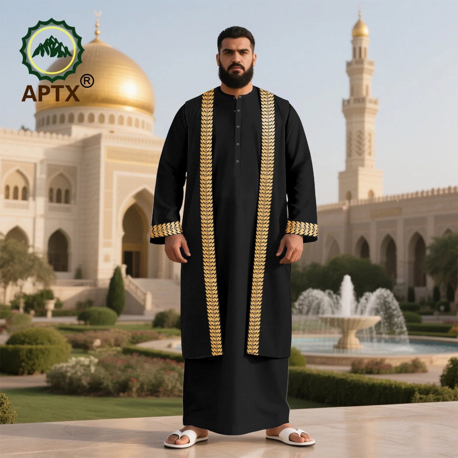 Men's Long Islamic Jubba Thobe Robe with African Embroidery Fashionable Muslim Clothing Modern Prayer Eid Robe for Men