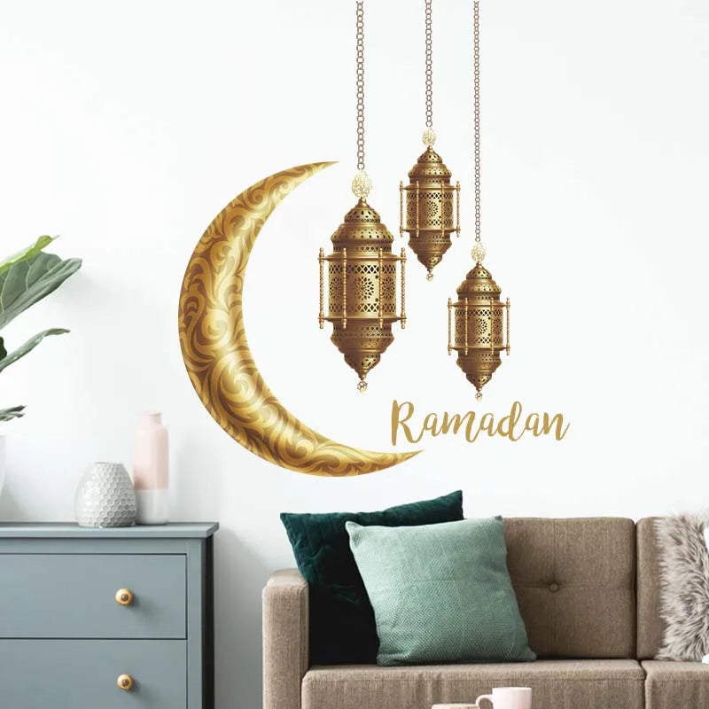 Ramadan Kareem Wall Stickers Moon Star Lantern Wall Decal 2024 Eid Mubarak Decorations for Home Muslim Islamic Party Decorations