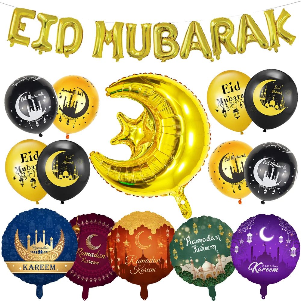 Ramadan Gold Moon Balloon Round Eid Holiday Foil Balloons Eid Mubarak Latex Balloons Ramadan Islamic Festival Party Decorations
