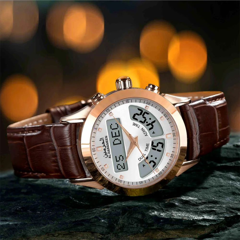 Muslim Watch with Alfajr Azan Time Iqamah Alarm for All Prayers English Arabic Language Saphire Genuine Leather Ramadan Gift
