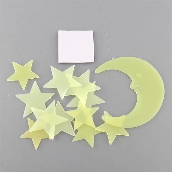 Stars Moon Sun Luminous Glow In The Dark Fluorescent Home Wall Stickers Decal (11 Stars +1 moon)/set