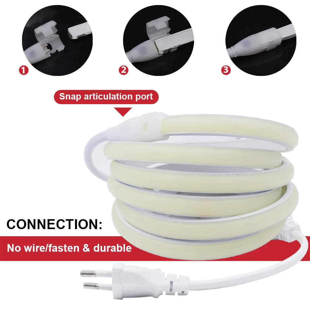 COB LED Strip Neon Light 220V EU UK Plug 288LEDs/M RA90 Flexible Tape Waterproof Led Ribbon for Kitchen Outdoor Garden Lighting