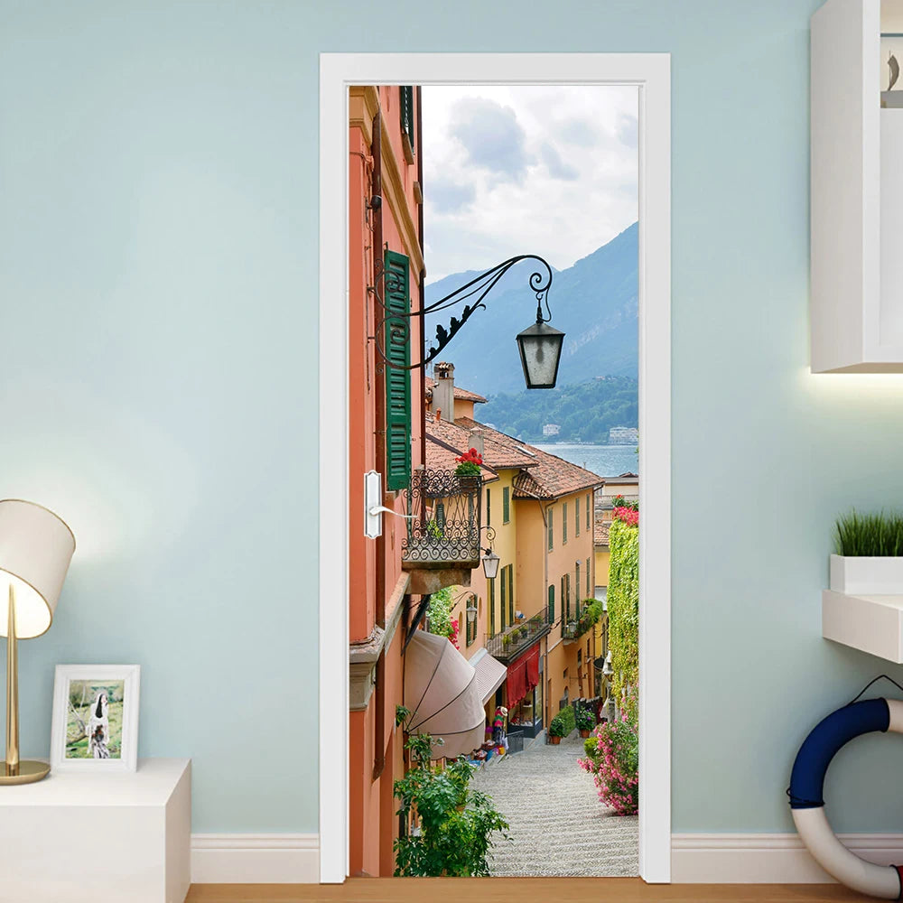 Medieval Stone Hutongs DIY Door Wall Sticker Home Decor Living Room Children Room Bedroom Art Mural Self-adhesive PVC Wallpaper