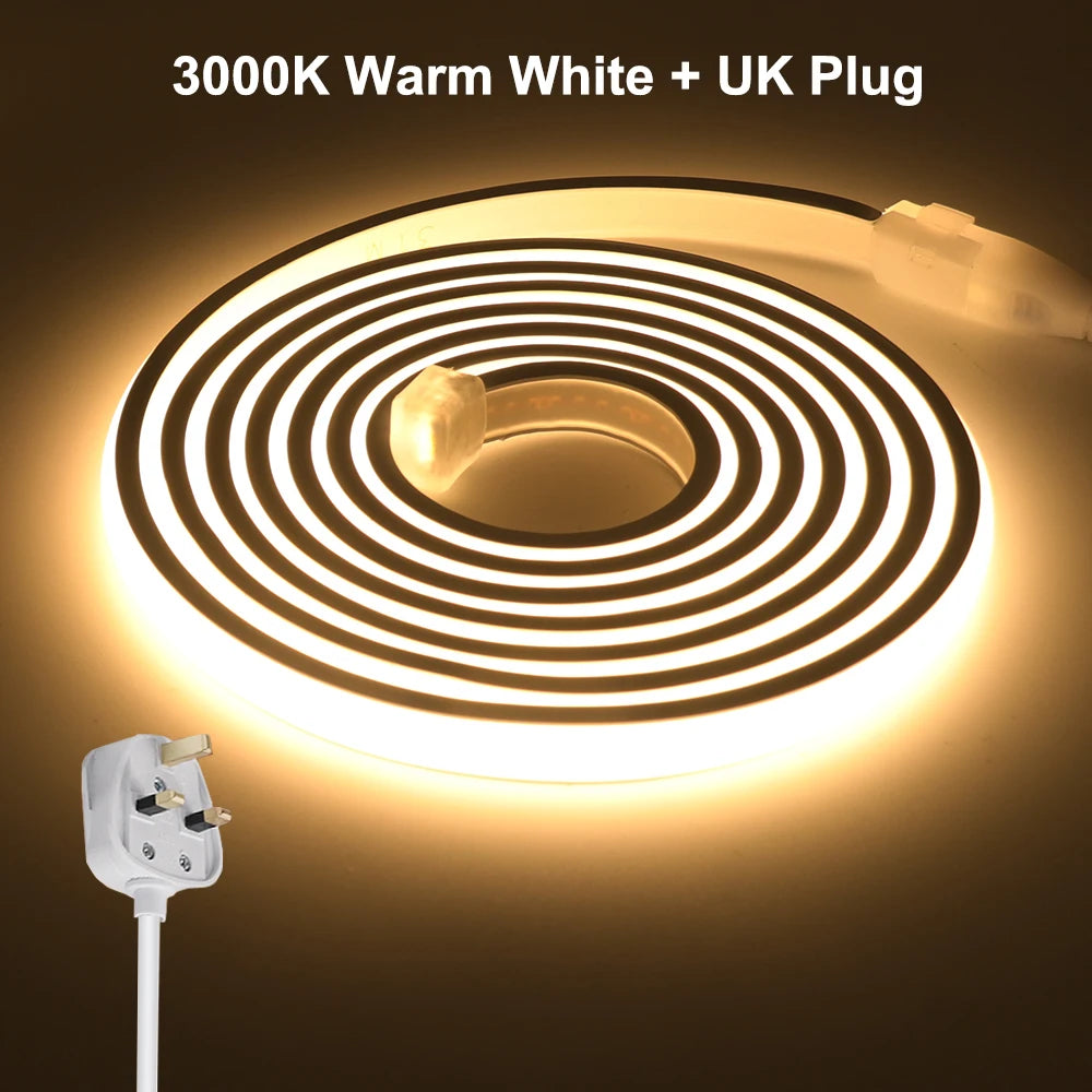 COB LED Strip Neon Light 220V EU UK Plug 288LEDs/M RA90 Flexible Tape Waterproof Led Ribbon for Kitchen Outdoor Garden Lighting