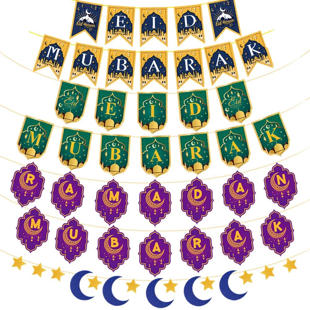 Ramadan Mubarak Banner Bunting Garland Eid Mubarak Lantern Moon Castle Sign Festival Celebration Wall Hanging Party Decorations