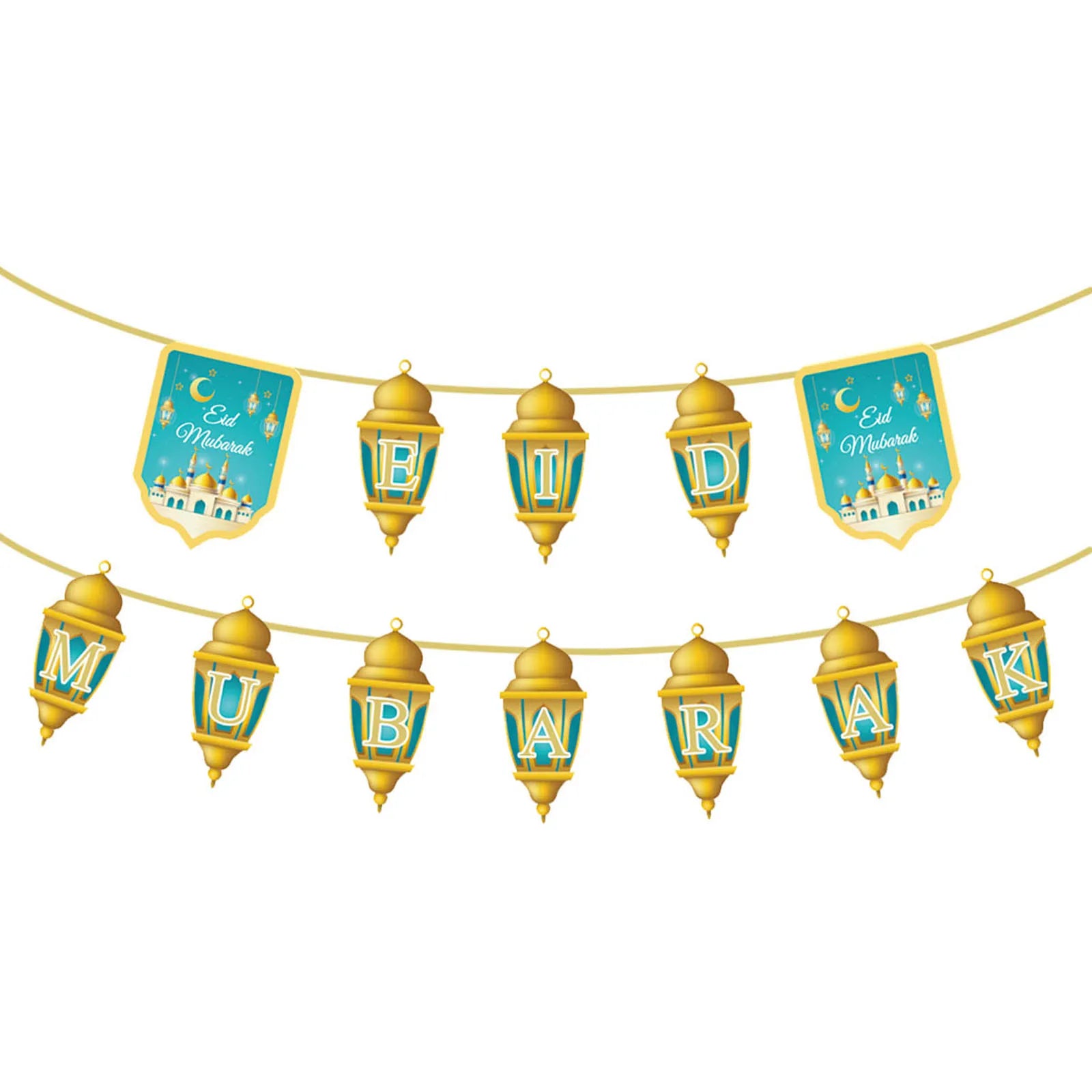 Ramadan Mubarak Banner Bunting Garland Eid Mubarak Lantern Moon Castle Sign Festival Celebration Wall Hanging Party Decorations