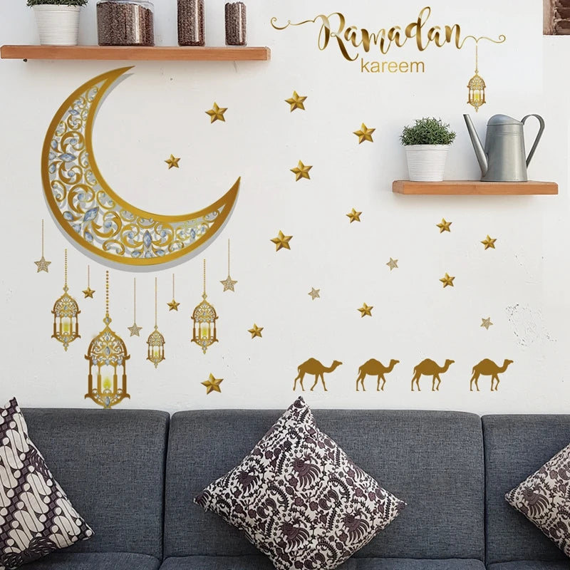 Eid Mubarak Wall Stickers Moon Star Lantern Ramadan Kareem Wall Decals Muslim Islamic Window Sticker Decorations for Home 2024