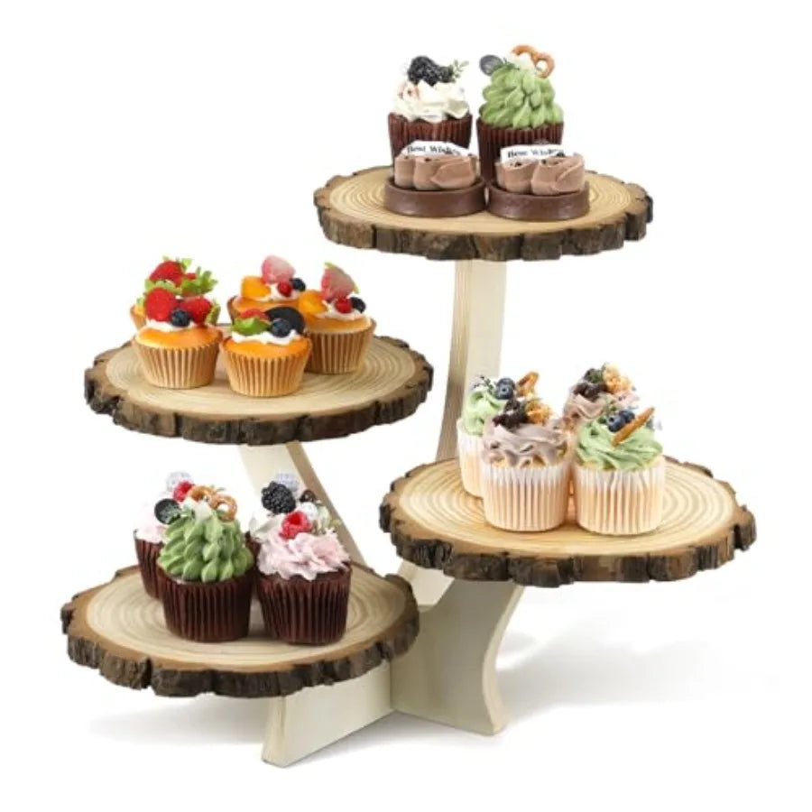 4 Tier Round Natural Wood Cupcake Dessert Stand Cup Cake Tower Stand Holder Wooden Cake Display Tiered Centerpiece for Party Bi