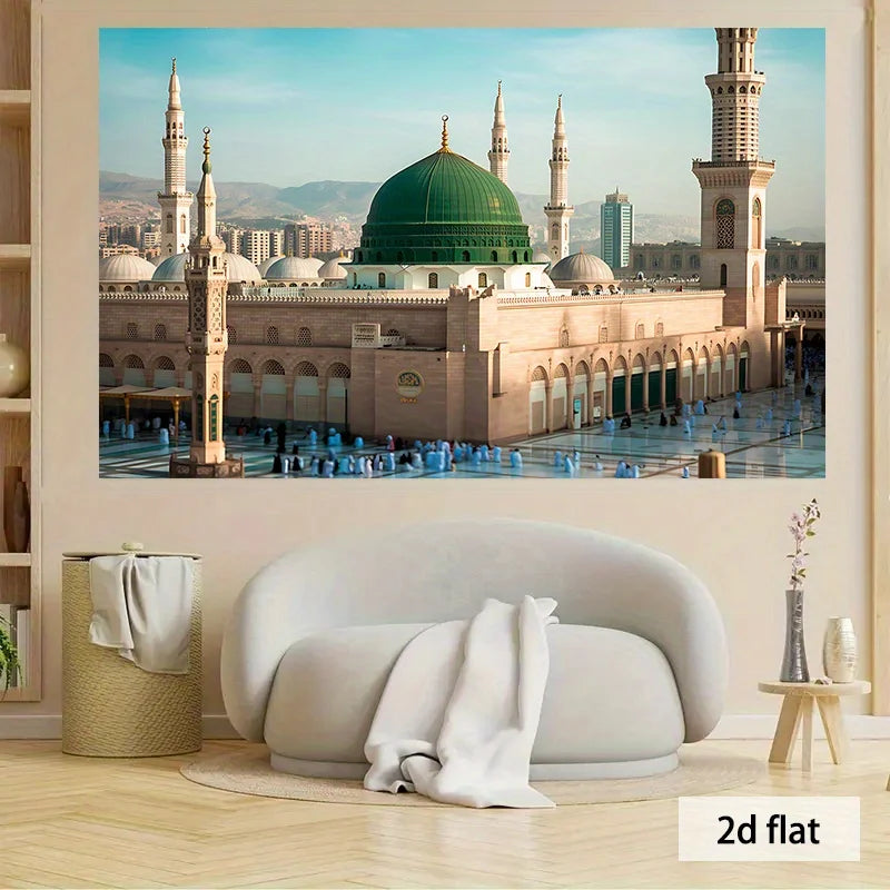 2D plane, 1pc Prophet in Medina polyester banner - Islamic religious wall art with green domes and spires,Eid al-Fitr decoration