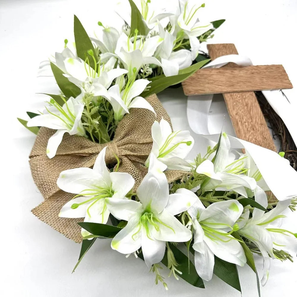 45cm Easter Cross Wreath Easter Wreath Imitation Plant Spring Wreath Door Hanging Decoration Flower Wreath Festival Home Garland