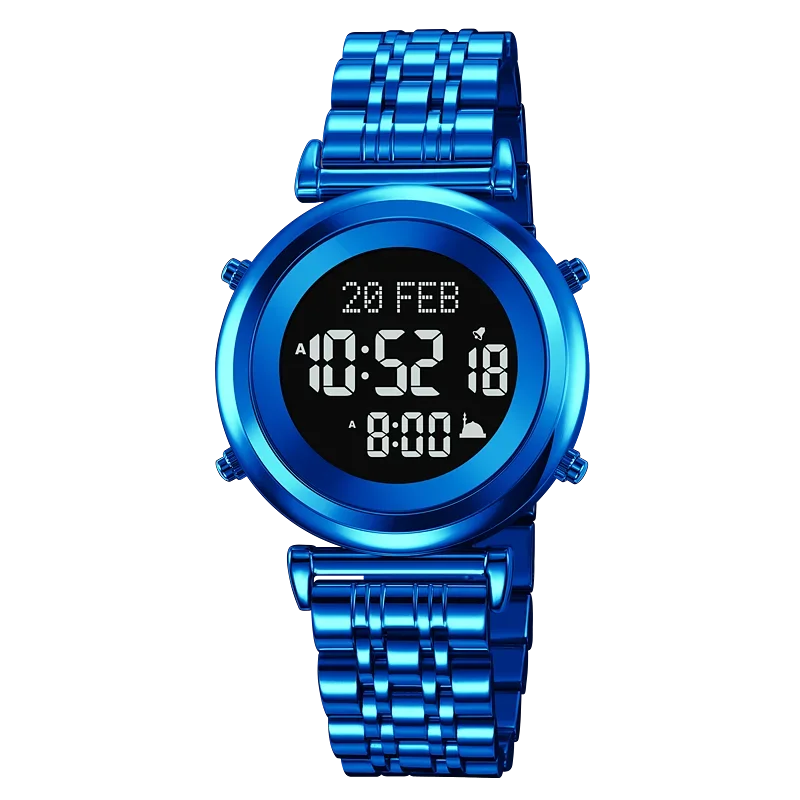 Muslim Azan Digital Watch Mens Back Light Waterproof Steel Hijri Islamic Wristwatch Prayer Qibla Compass Alarm Clock