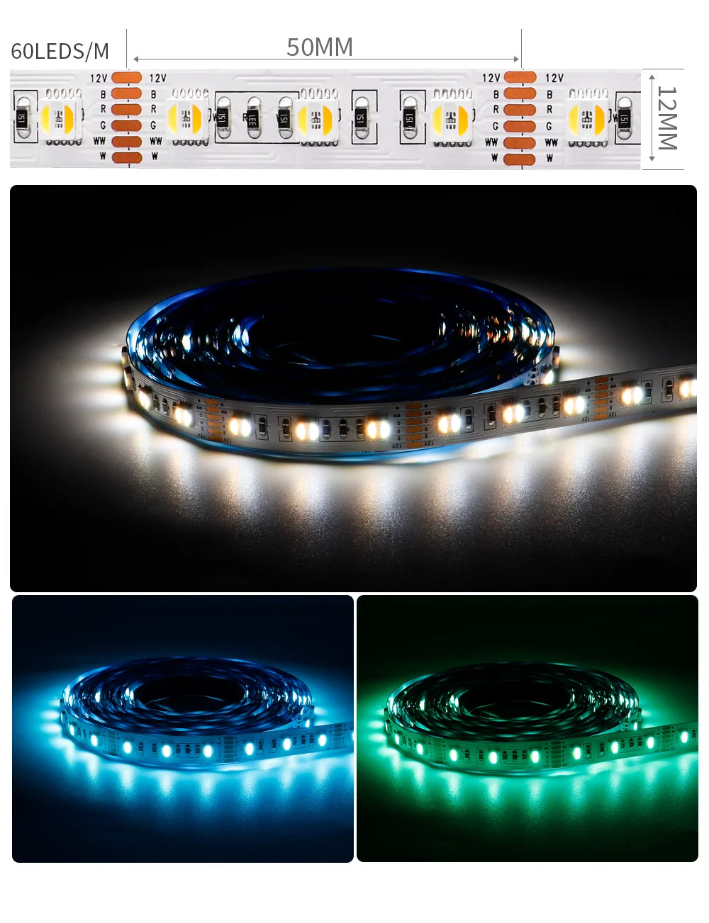 5m 5050 SMD RGBCCT 5 IN 1 LED Strip Light 60/96Leds/m RGB+CW/WW RGBWC Color Temperature High Brightness Lamp Tape DC12V/24V