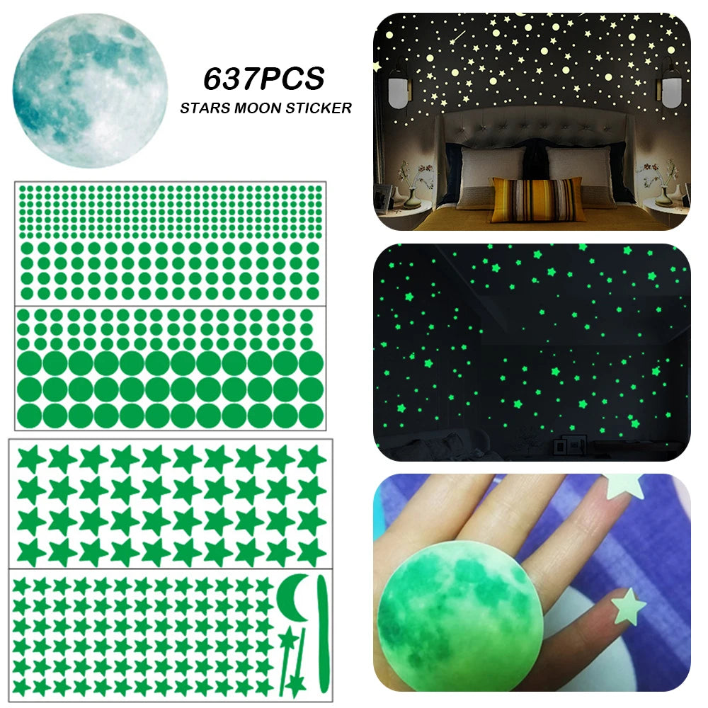 637/849Pc Luminous Moon Stars Wall Stickers PVC Glow in the Dark 3D Home Decoration Wall Decals Set for DIY Kids Bedroom Ceiling