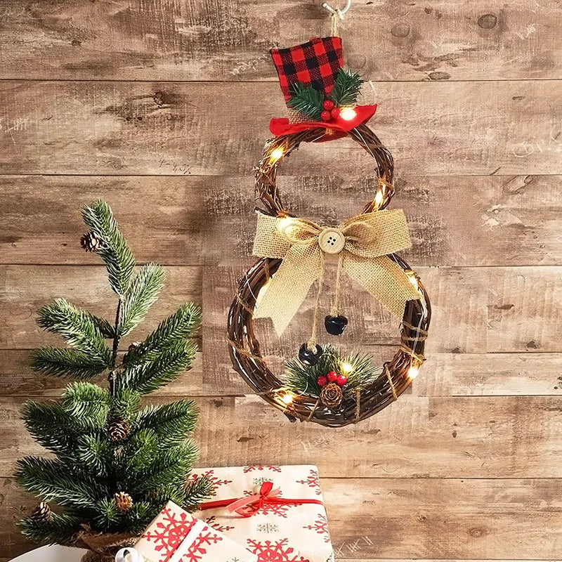 Christmas Snowman Wreath Garland Led Light Door Decoration Artificial Home Window Wall Background Door Hanging Luminous Ornament