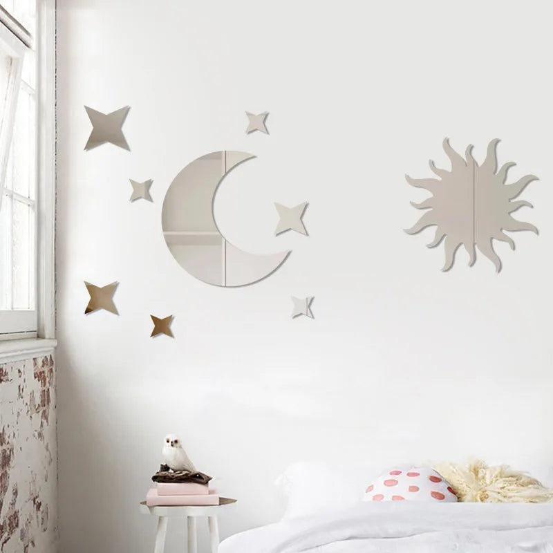 Acrylic Star Moon sun 3D Mirror Wall Sticker Acrylic Mirror Mural Decals Bathroom Mirror Wall Stickers For Kids Room Decor
