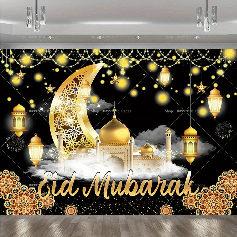 2D Ramadan Golden Crescent Moon Backdrops Eid Mubarak Party Decor Photography Background Banner Studio Photo Booth Props