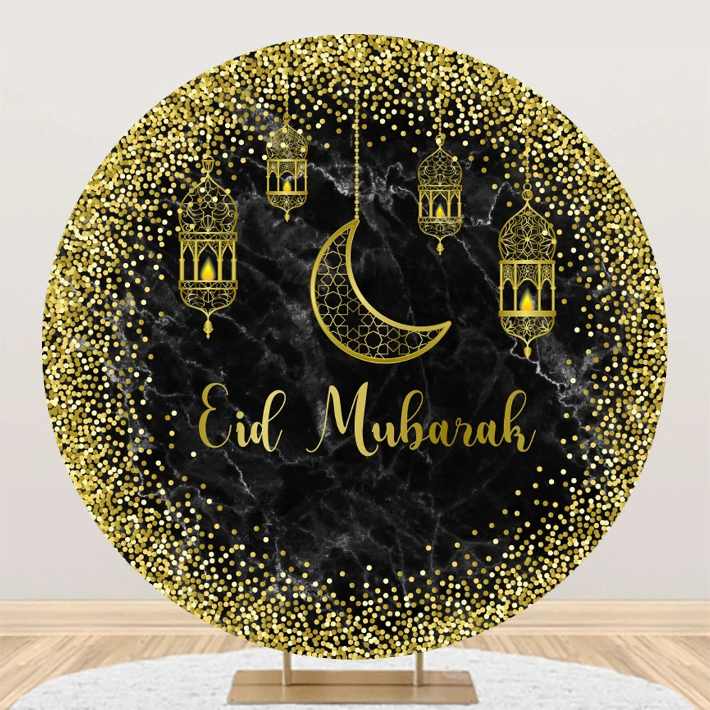 Eid al Fitr Mubarak Round Backdrop Cover Arab Ramadan Karim Golden Moon Star Cloud Lantern Party Decor Banner Photo Stall Props