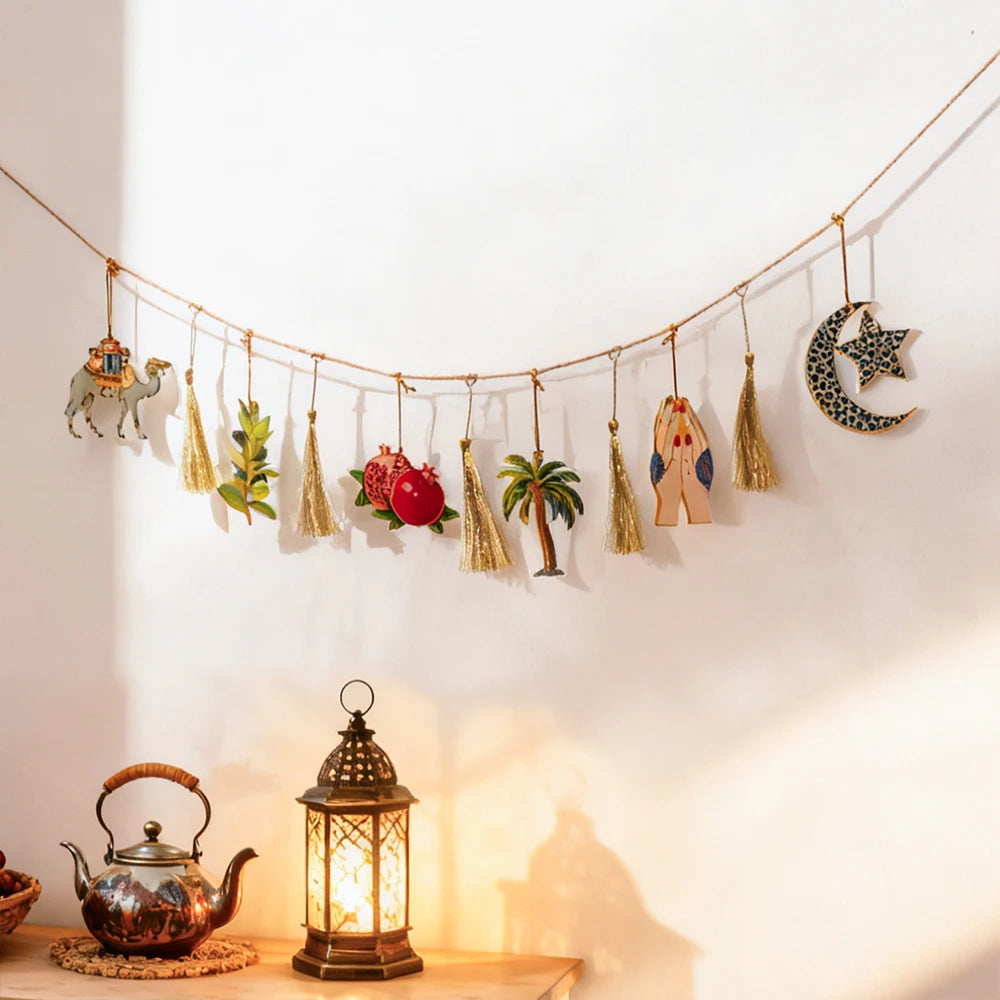 Ramadan Kareem Hanging Garland Islamic Camel Pomegranate Palm Moon Star Decor for Muslim Festival Home Party Wall Ornament Gifts