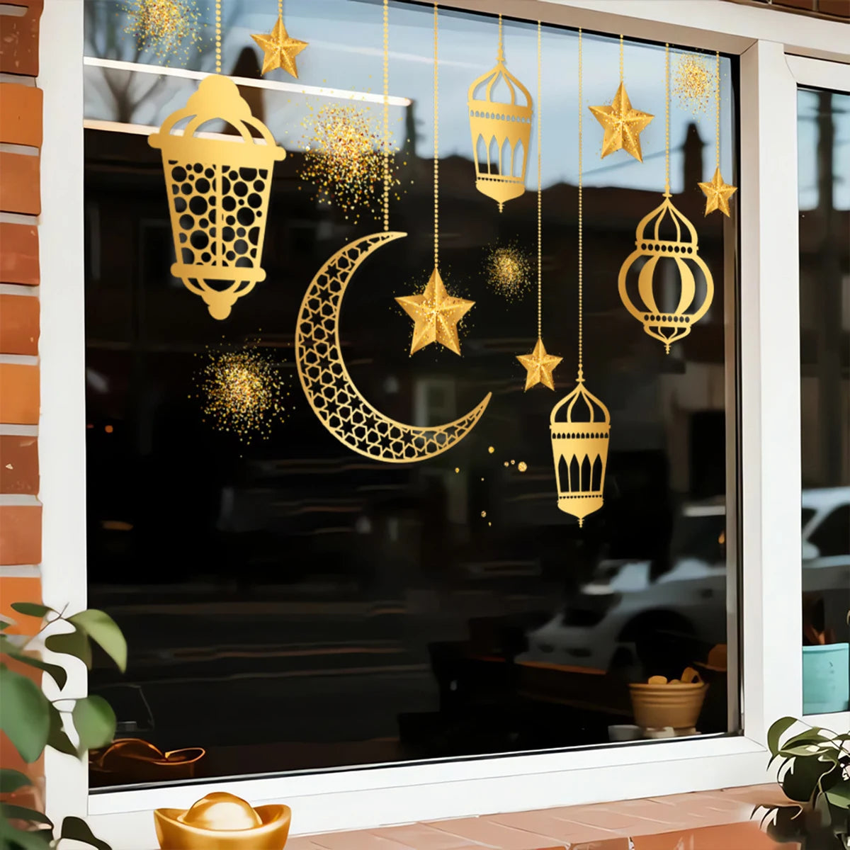 Ramadan Festival Stickers Star Moon Light Shadow Gold-Vermeil Wishing Removable Static Cling Home Decor Stickers