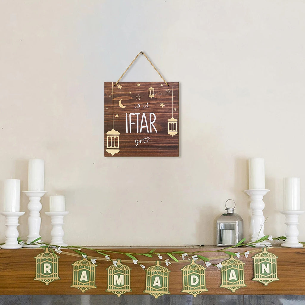 1PC Ramadan wooden wall decoration, "Is it IFTAR yet?" golden star crescent moon, Islamic style home wall decoration