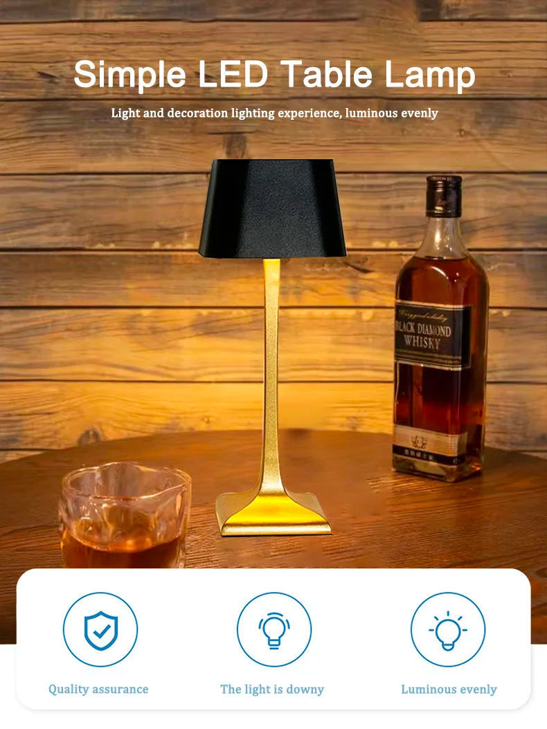 Home and hotel decoration Nordic luxury wireless dimmable portable rechargeable table lamp in gold and black