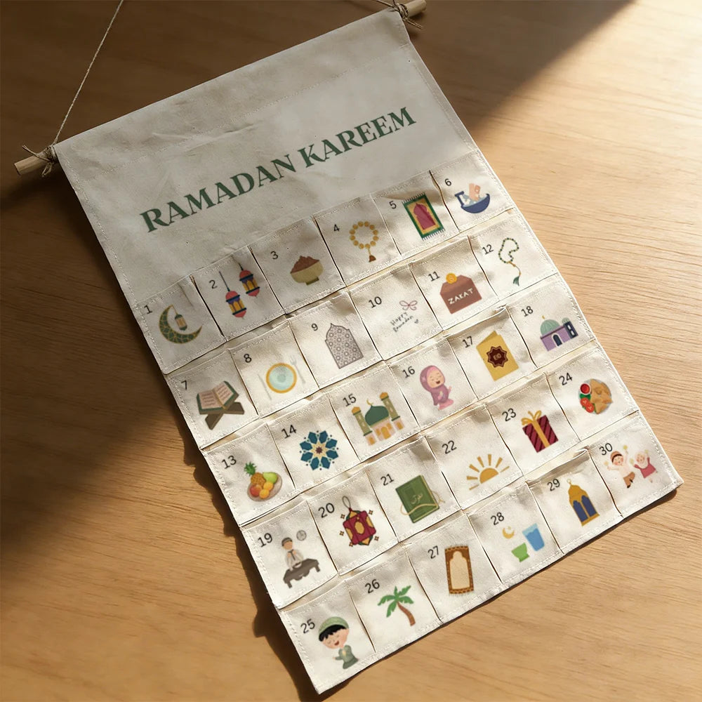 Ramadan Kareem Countdown Calendar with 30 Pockets – Eid Mubarak Family Decor 2026