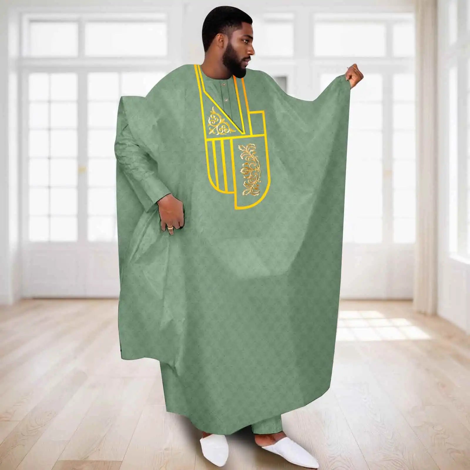 APTX African Clothes for Men Muslim Robe White Traditional Wedding Party Suit Shirt Pants 3 Pcs Set Dashiki Agbada Ramadan