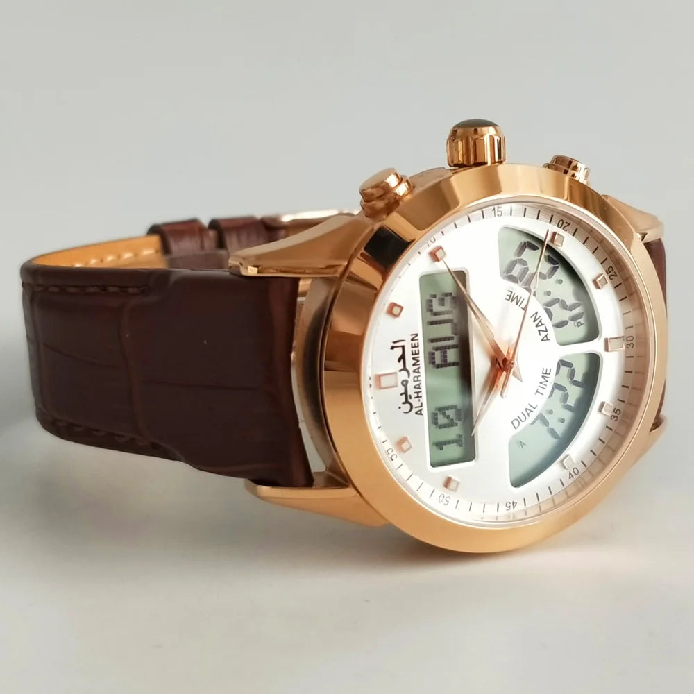Muslim Watch with Alfajr Azan Time Iqamah Alarm for All Prayers English Arabic Language Saphire Genuine Leather Ramadan Gift