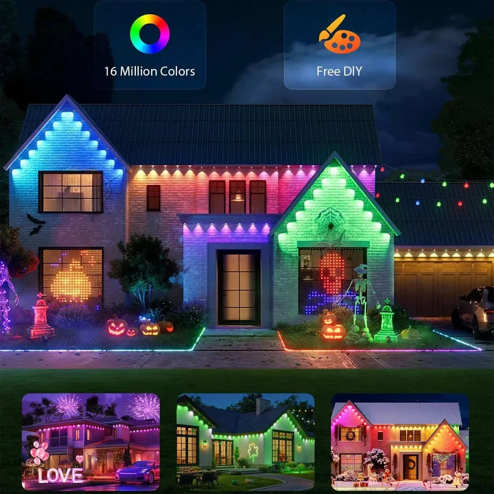 300FT Permanent Outdoor RGB Lights IP67 Waterproof Smart Eave Light DIY Scenes for House Roof Decor Christmas Holiday Daily