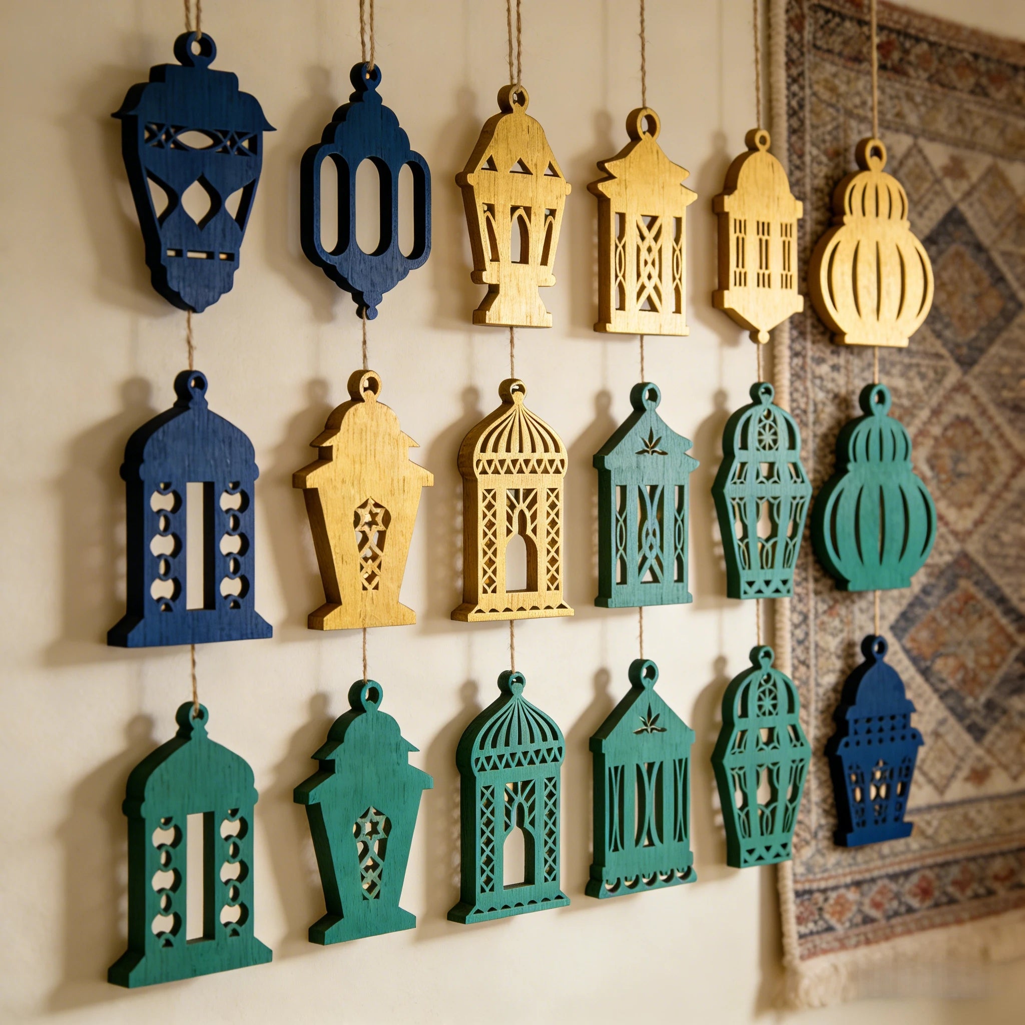 1 Set of 12 Easter Wooden Ornaments, Islamic Wooden Lanterns and Crescent Decorations Suitable for Eid Al-Fitr, Muslim Family's Ramadan Ending Period Hanging Decorations, Can Be Diyed and Colored by Yourself