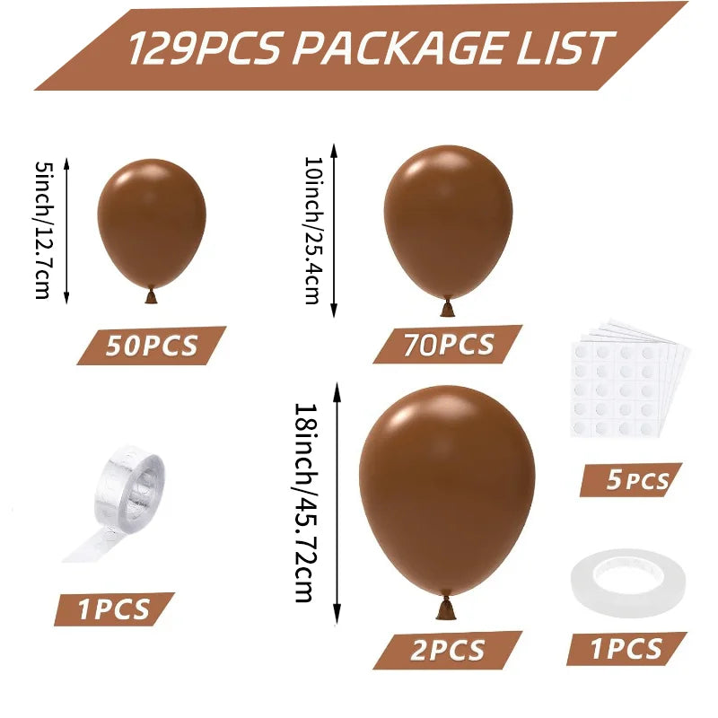 129PCS Brown Balloon Arch garland kit, 18 "10" 5 "dark brown balloons in different sizes, suitable for birthdays, events, etc