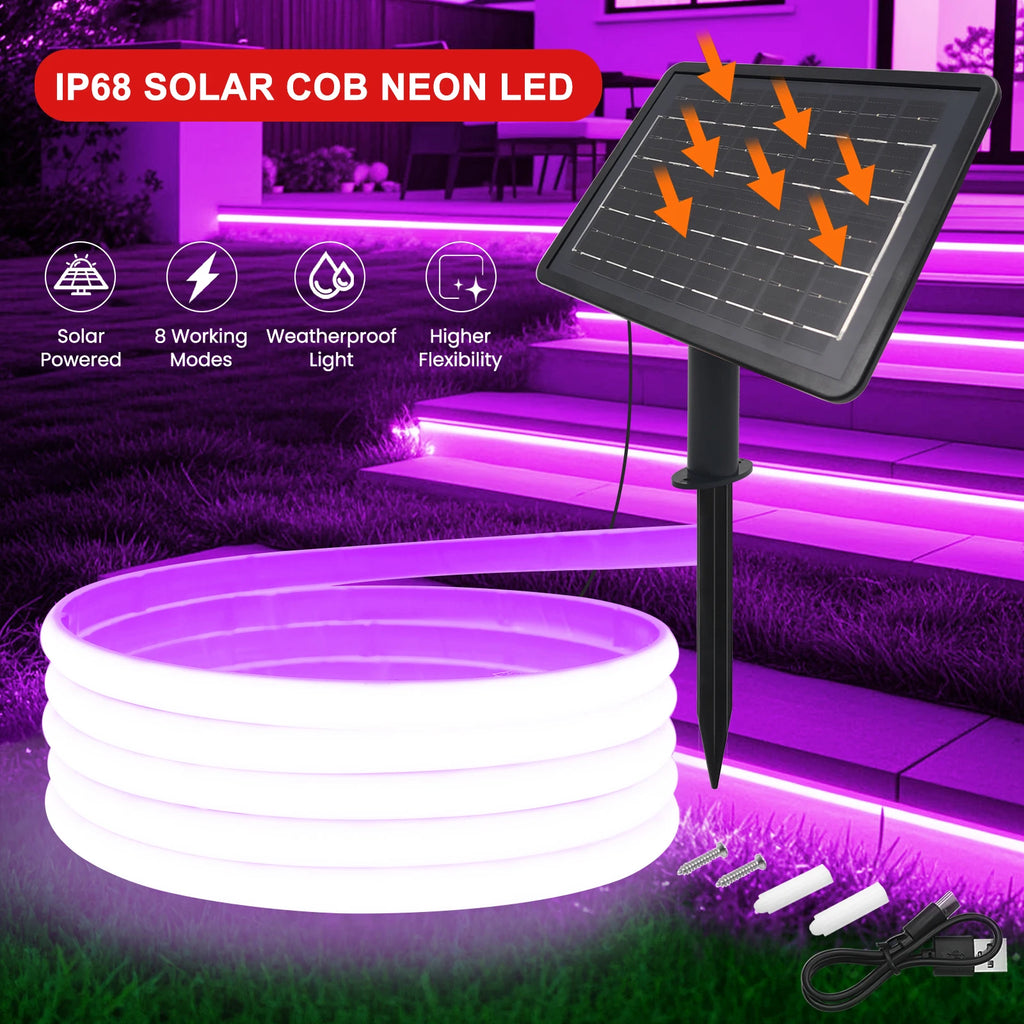 IP68 Waterproof Solar Powered COB Neon Strip 24V 320Leds 3000K 4000K 6000K Red/Green/Blue/Yellow Flexible Ribbon Rope LED Light