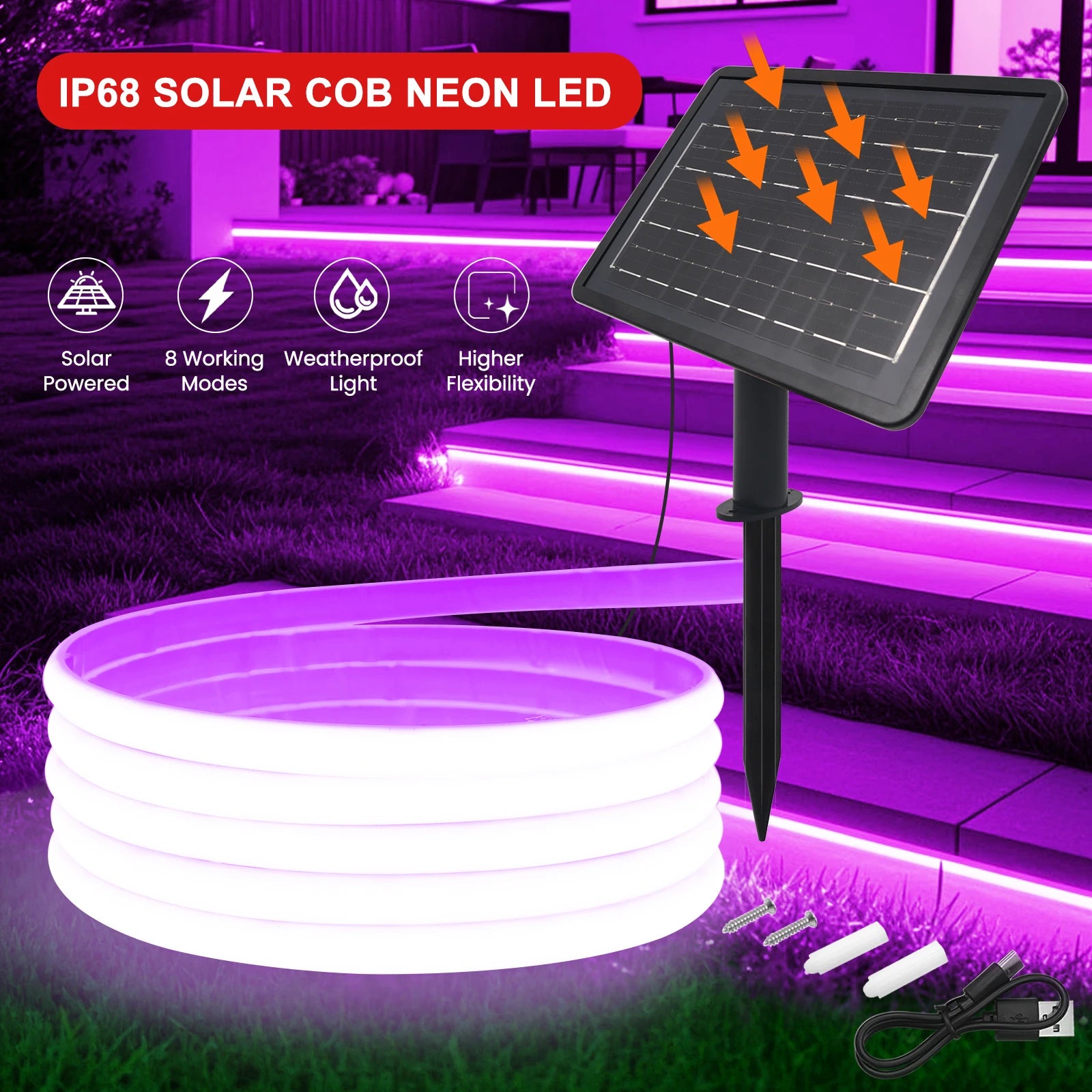 IP68 Waterproof Solar Powered COB Neon Strip 24V 320Leds 3000K 4000K 6000K Red/Green/Blue/Yellow Flexible Ribbon Rope LED Light