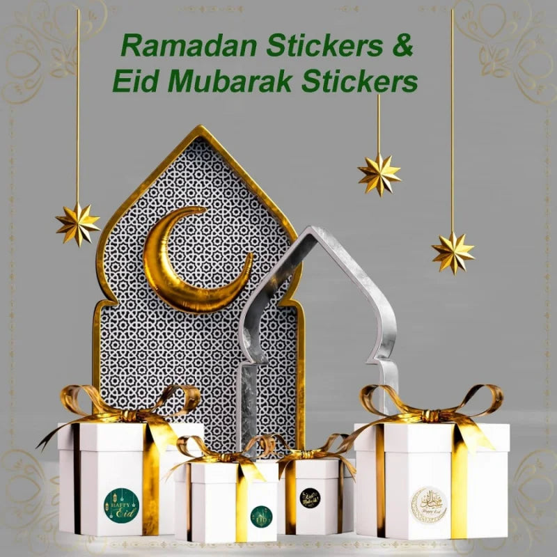 500pcs/roll Middle East Ramadan Stickers Arabic Eid Moon Oil Lamp Gift Envelope White Green Gold Seal Stickers Southeast Asia