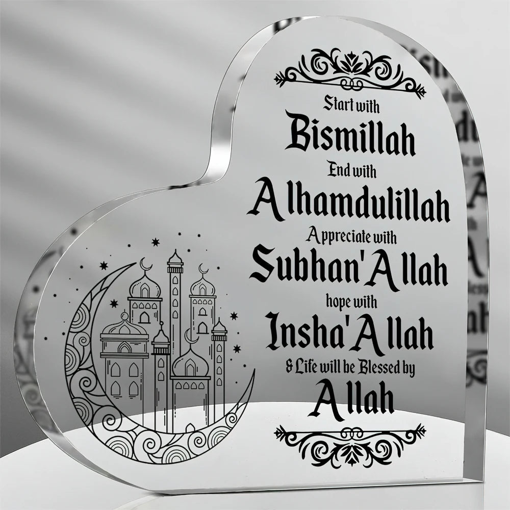 1pc Islamic Acrylic Desktop Decor Ornament - Heart Shaped Elegant Eid Mubarak Logo With Arabic Ramadan Theme