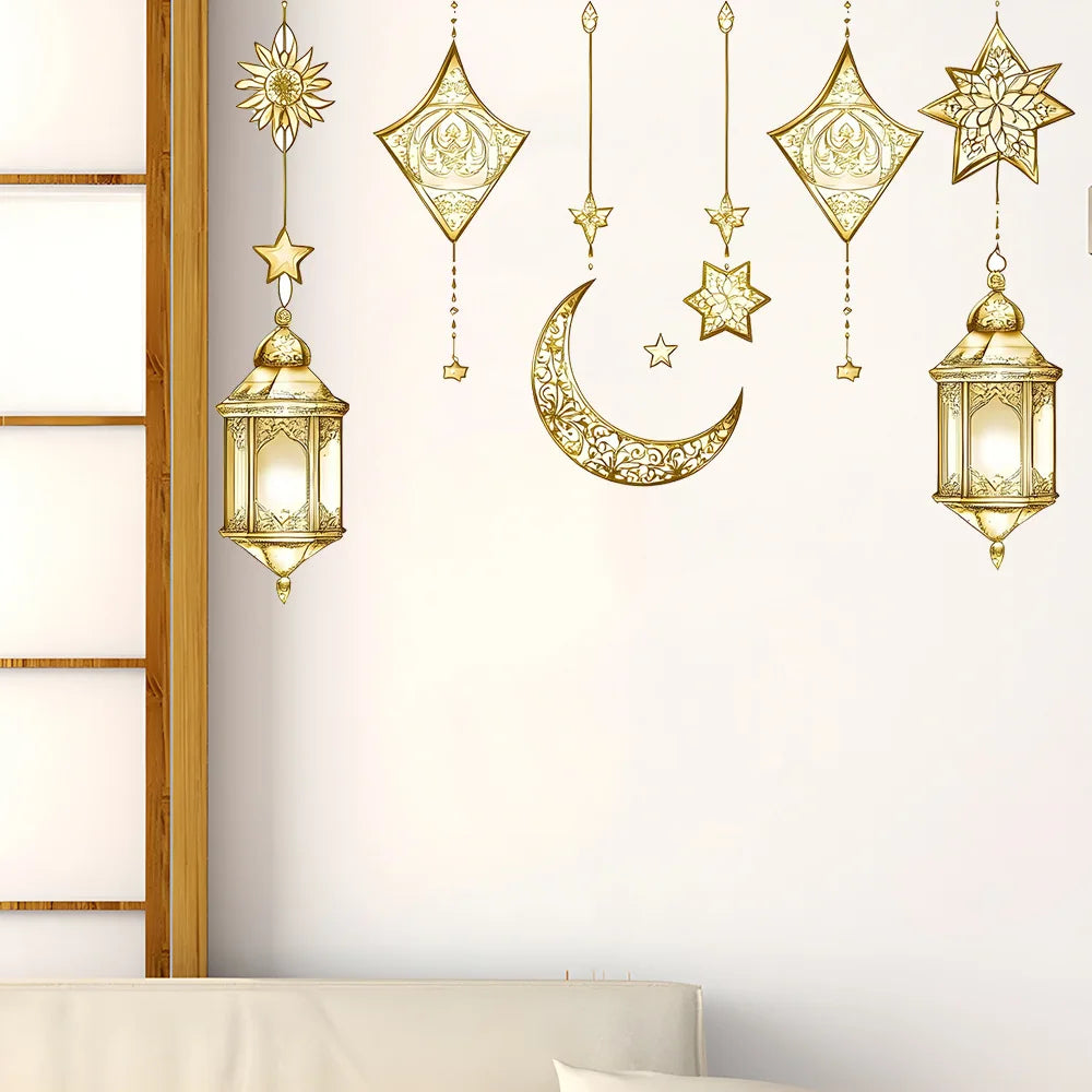Eid Mubarak Wall Stickers Star Moon Lantern Ramadan Kareem Wall Decals Muslim Islamic Window Sticker Decorations