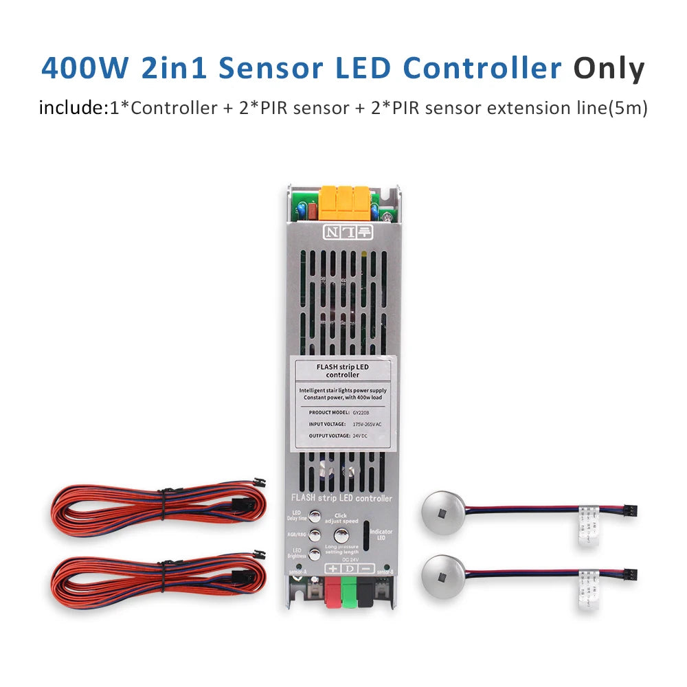 5M 10M 15M WS2811 COB Running Water Strip Light for 24V 400W PIR Motion Sensor LED Stair Controller Staircase Lighting Decor