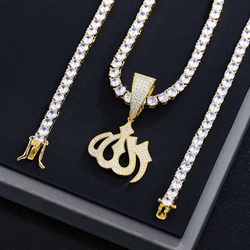 Moissanite Sparkling Full Diamond Islam Muslim Rune Pattern Pendant Allah Religious Necklace 925 Sterling Silver Men's Jewelry