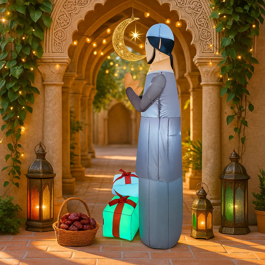 6FT Ramadan Muslim Themed Inflatable Praying Figure Decor Blue Outfit Crescent Lantern Islamic Ramadan Inflatable For Yard
