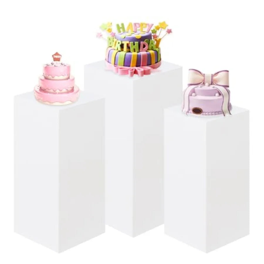3PCS Square Pedestal Stands for Parties, White Metal Square Plinths Dessert Table Cube Display Pillars for Birthday Wedding Brid