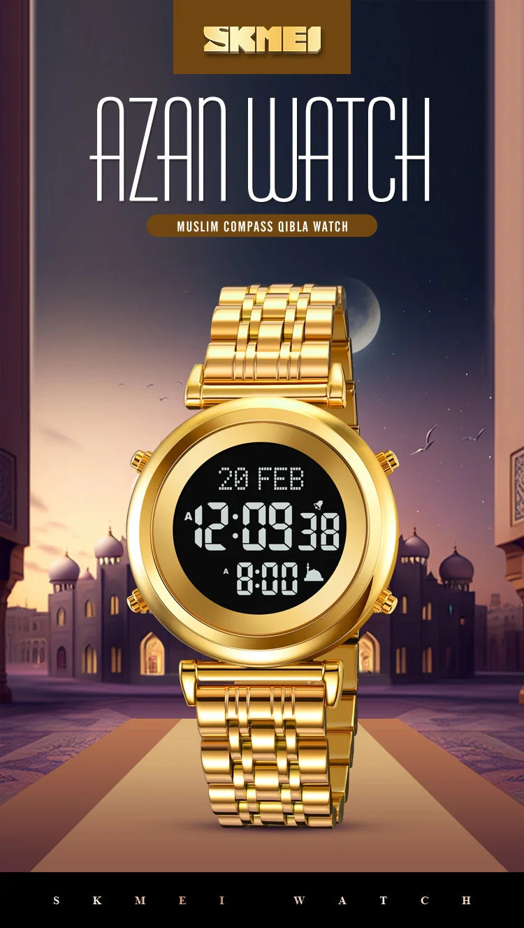 Muslim Azan Digital Watch Mens Back Light Waterproof Steel Hijri Islamic Wristwatch Prayer Qibla Compass Alarm Clock
