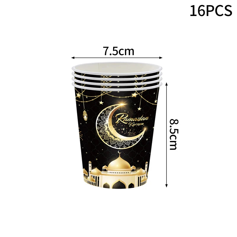 Eid Mubarak Party Tableware Set Disposable Plates Napkins Banner Tablecloth Ramadan Decorations Islamic Muslim Party Supplies