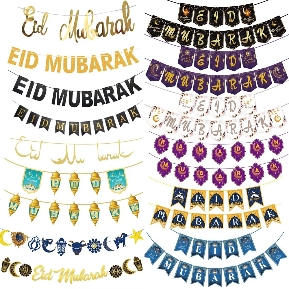 Ramadan Mubarak Banner Bunting Garland Eid Mubarak Lantern Moon Castle Sign Festival Celebration Wall Hanging Party Decorations