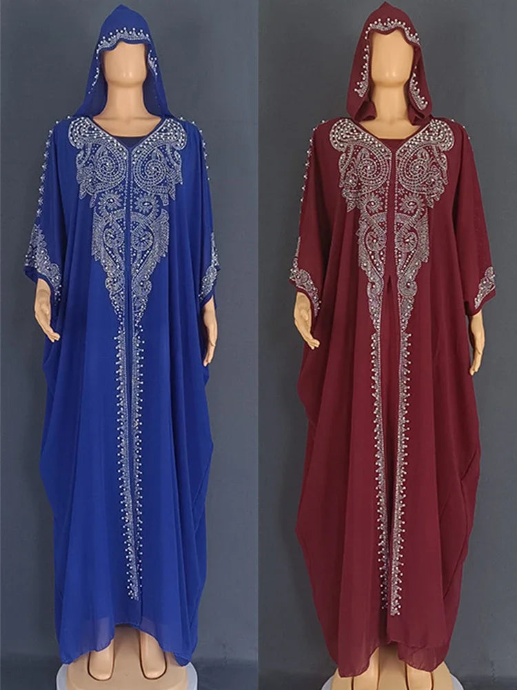 Eid Muslim Dress for Women – Hooded 2-Piece Diamond Jalabiya Kaftan