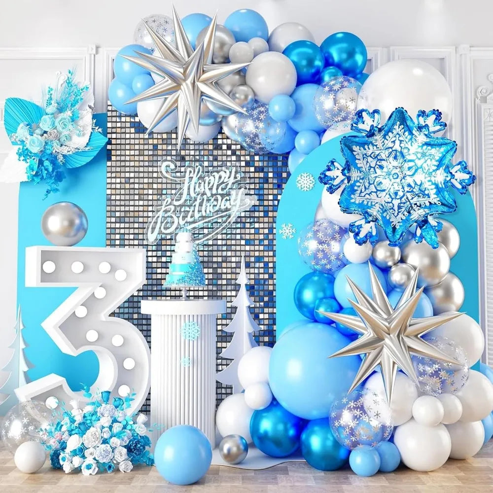 Snowflake Balloon Garland Arch kit, Silver Blue White Balloon Arch With Snowflake Foil Balloons for Winter Fantasy Holiday Chris