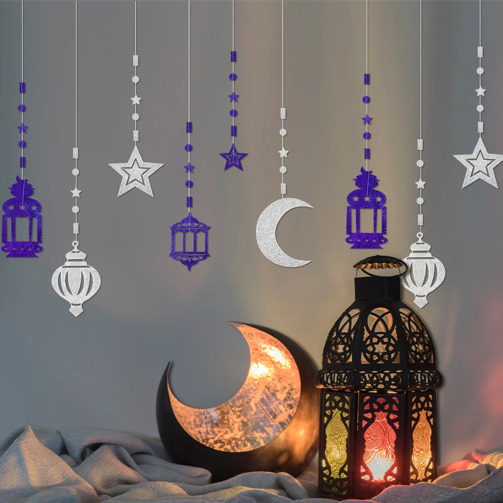 Glitter Gold Star Moon Banner Ramadan Paper Garland Hanging Decoration Ramadan Kareem Eid-al-fitr Islamic Eid Mubarak Decoration