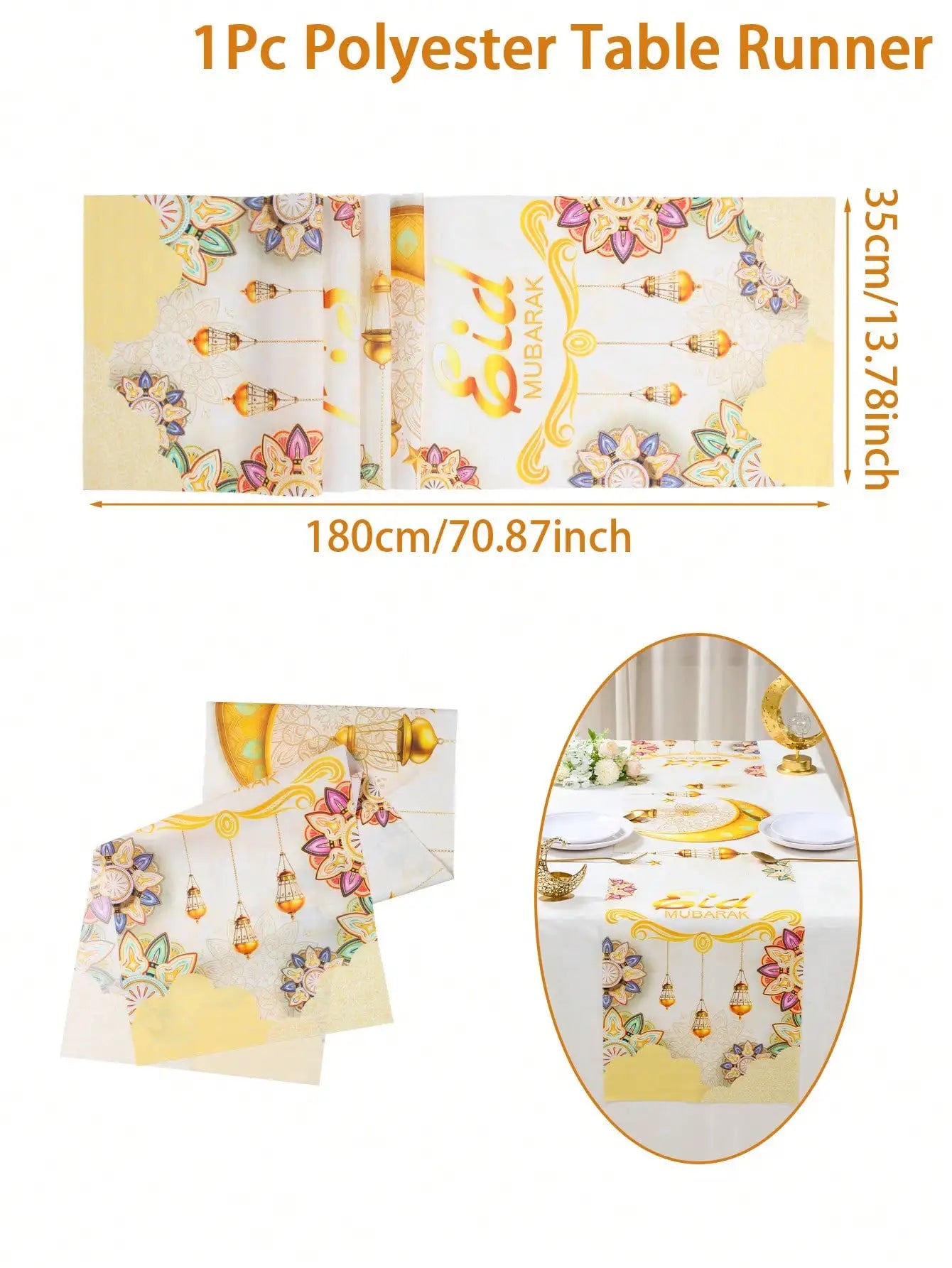 1Pc Eid Mubarak Decorative Table Runner, Gold Painted Star and Moon Table Runner, Muslim Holiday Party Table Runner, Long Tablecloth